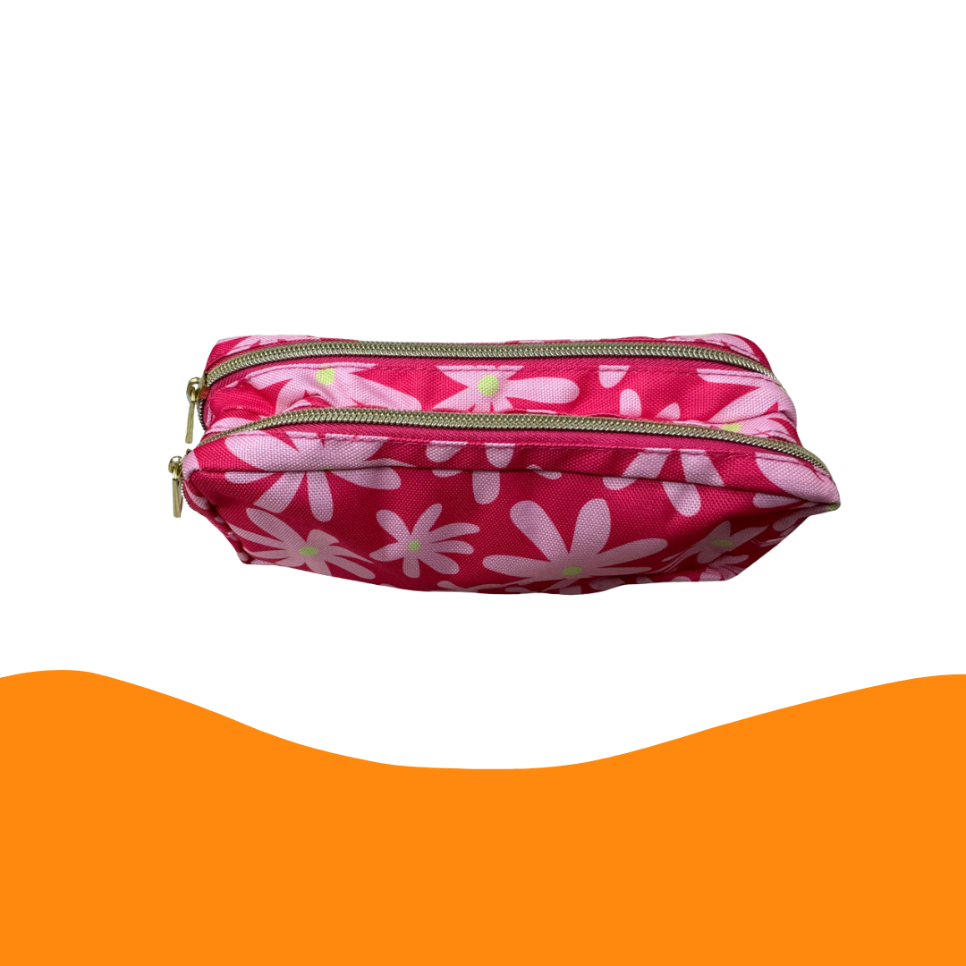 Hema Etui Non-Transparent Flowers with double zip Dark Pink
